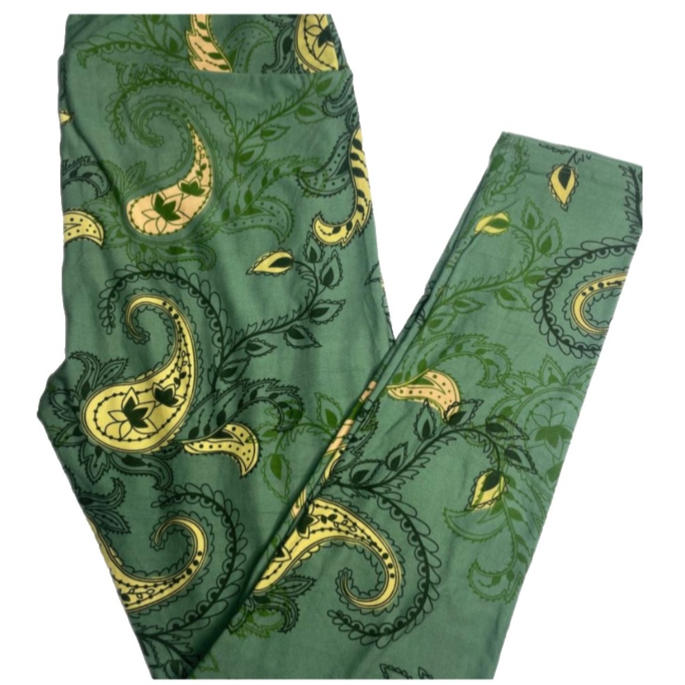 LuLaRoe Womens Leggings Size TC Green Yellow Paisley Floral Tall And Curvy NWT